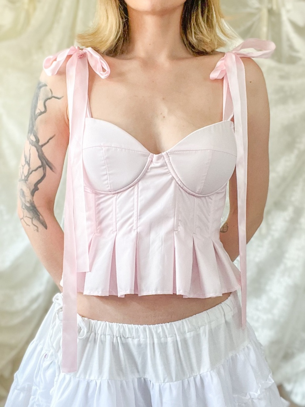 Baby Pink Satin Ribbon-Tie Corset Babydoll Top
